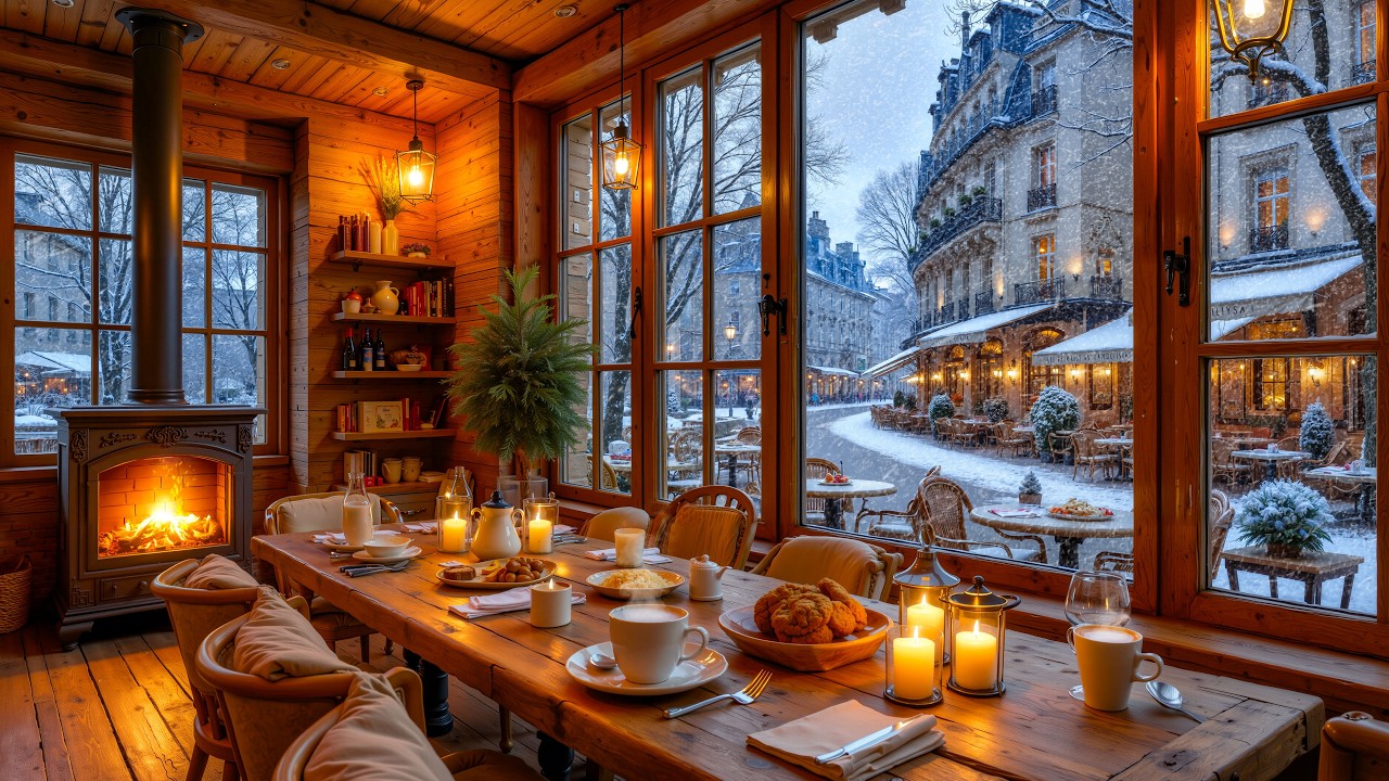 ❄️ Snowy Paris Café Ambience 🔥 Cozy Fireplace & Winter Street View