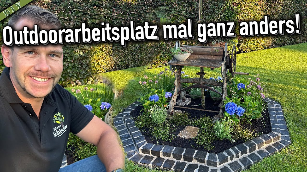 Outdoorarbeitsplatz * Seidenbaum, Beeteinfassung mit Basalt, Hortensien!