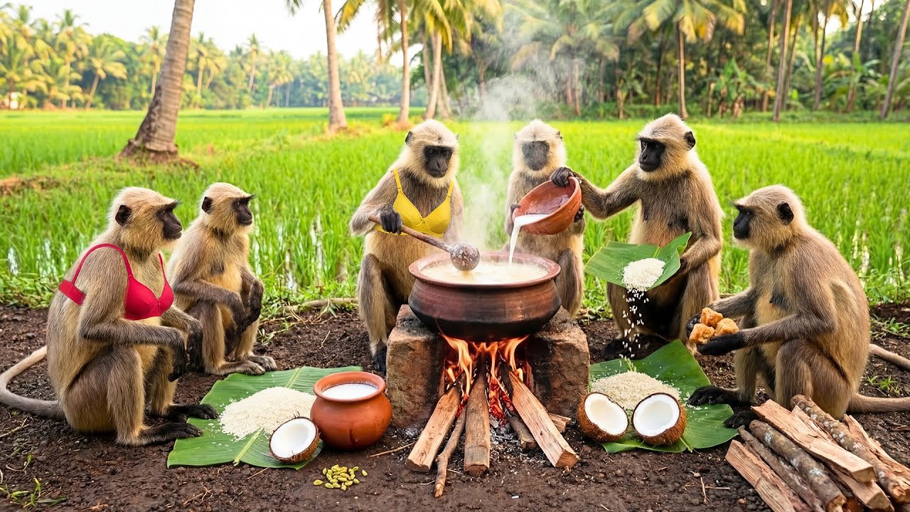 Village Monkeys Make Traditional Rice Kheer Together 😲🔥