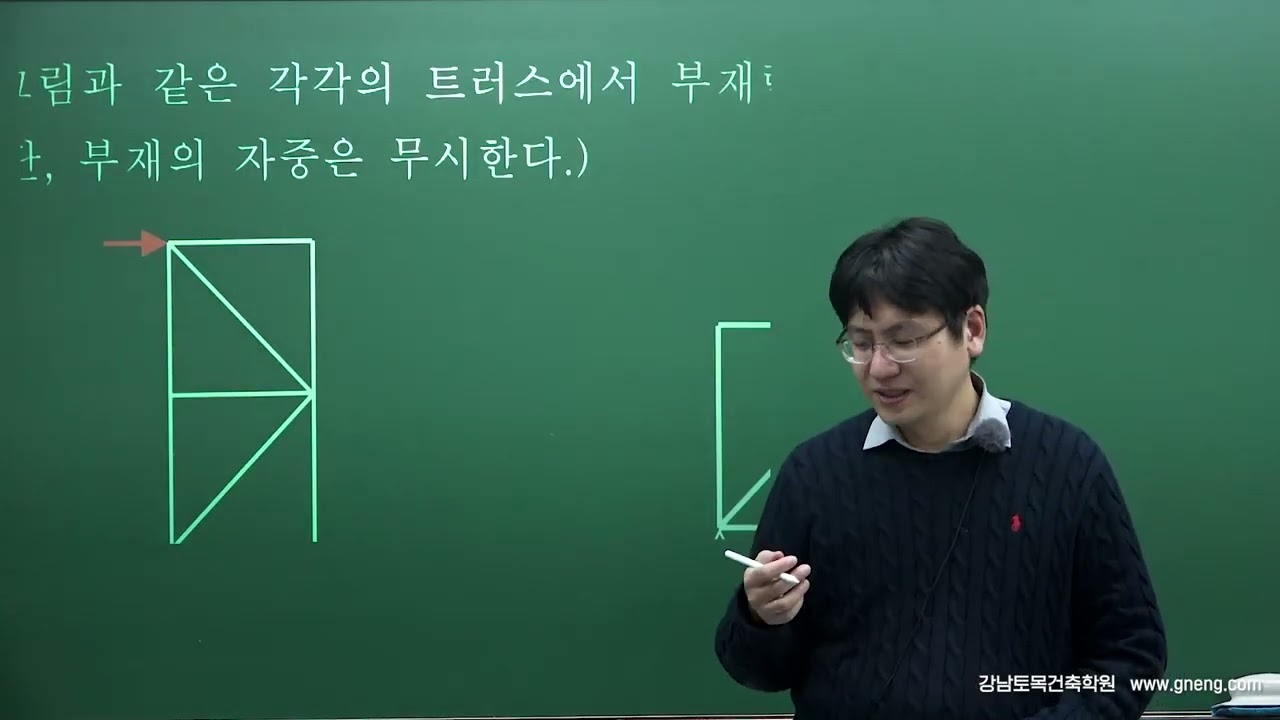 건축구조기술사 강남토목건축학원(www.gneng.com) 정재천강사님강의 - 구조역학 - 1. 힘의평형 - 1.4 기출문제풀이(트러스-1)