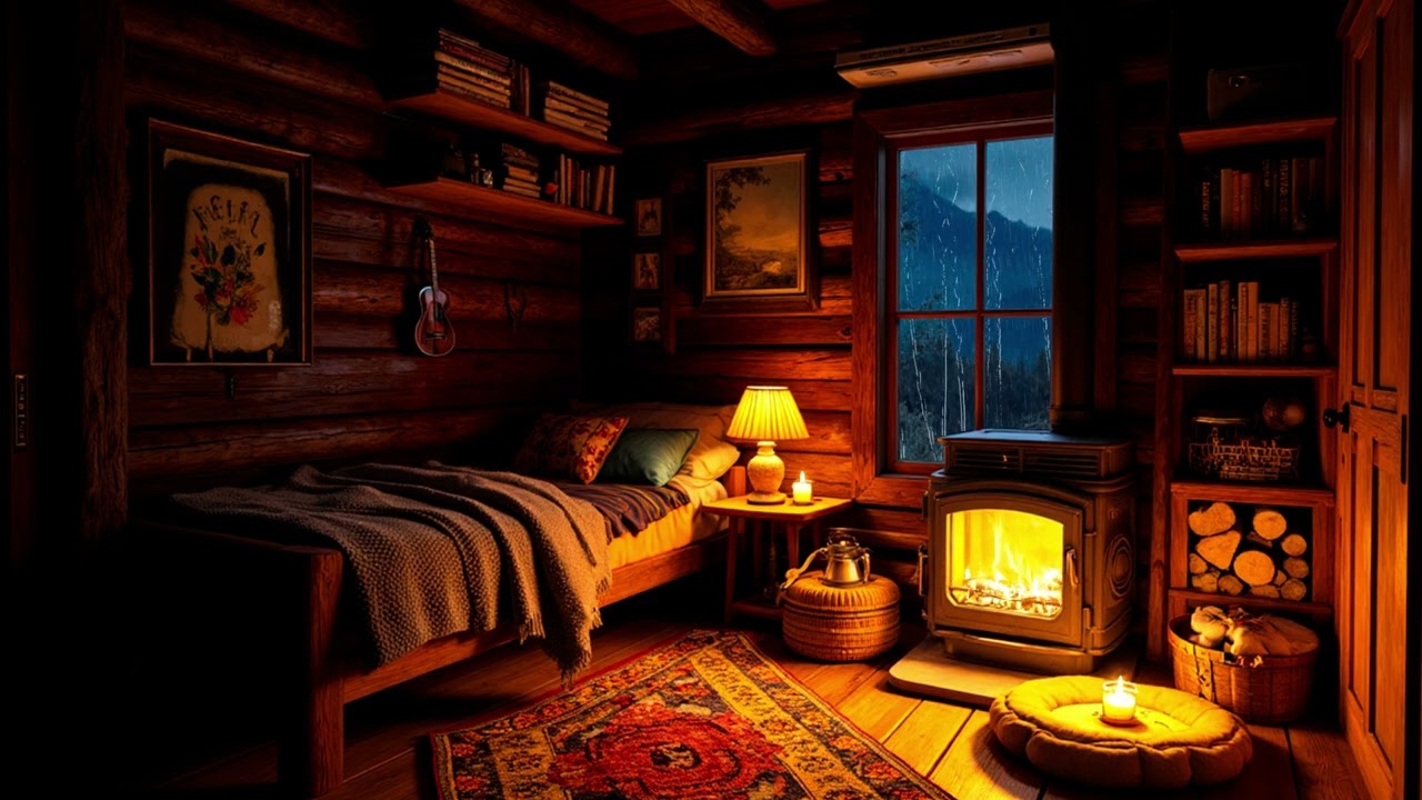 Warm Lamplit Cabin Bedroom in the Rain | Gentle Night Rain and Stove Sounds for Sleep