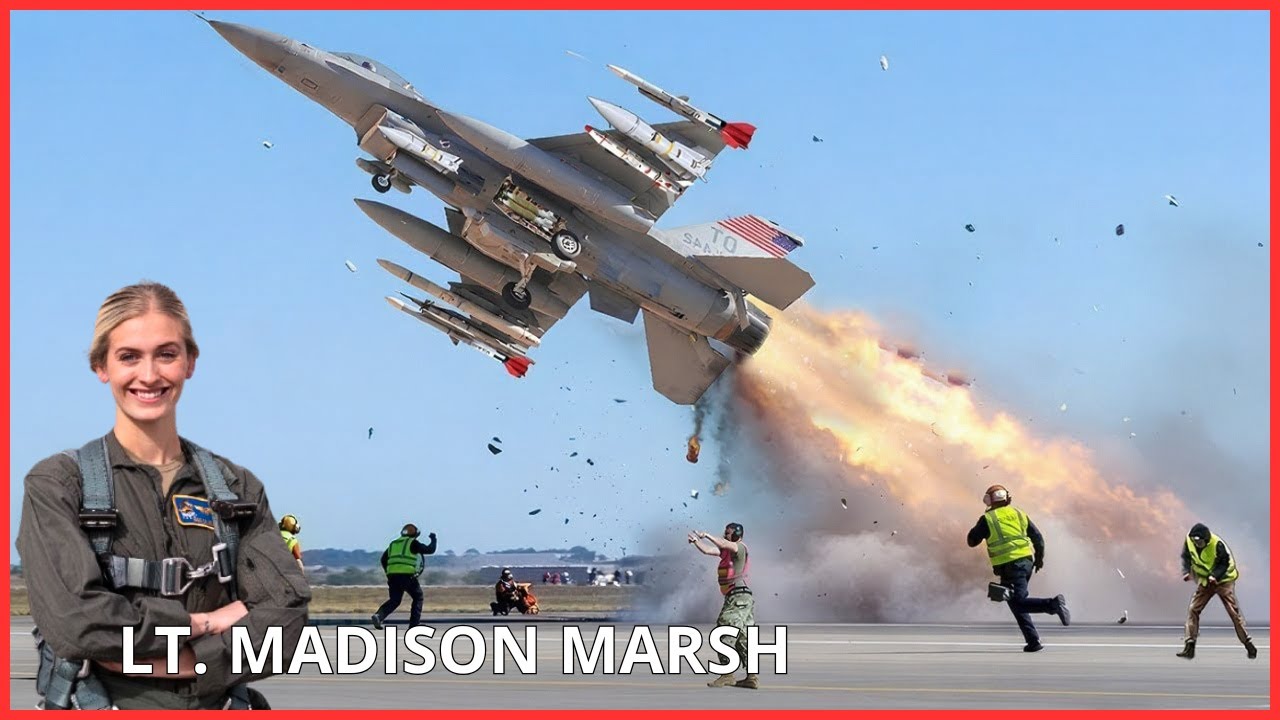 Женщина-пилот истребителя F-16 ВВС США взлетает на высокой скорости