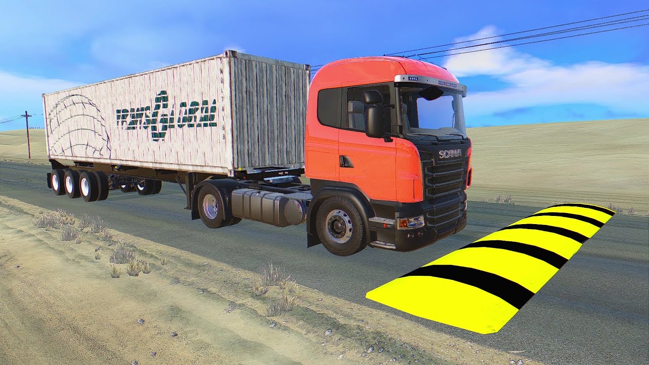 TRUCKS, LONG BUS, SCHOOL BUS Vs MASSIVE SPEED BUMPS - BeamNG.Drive