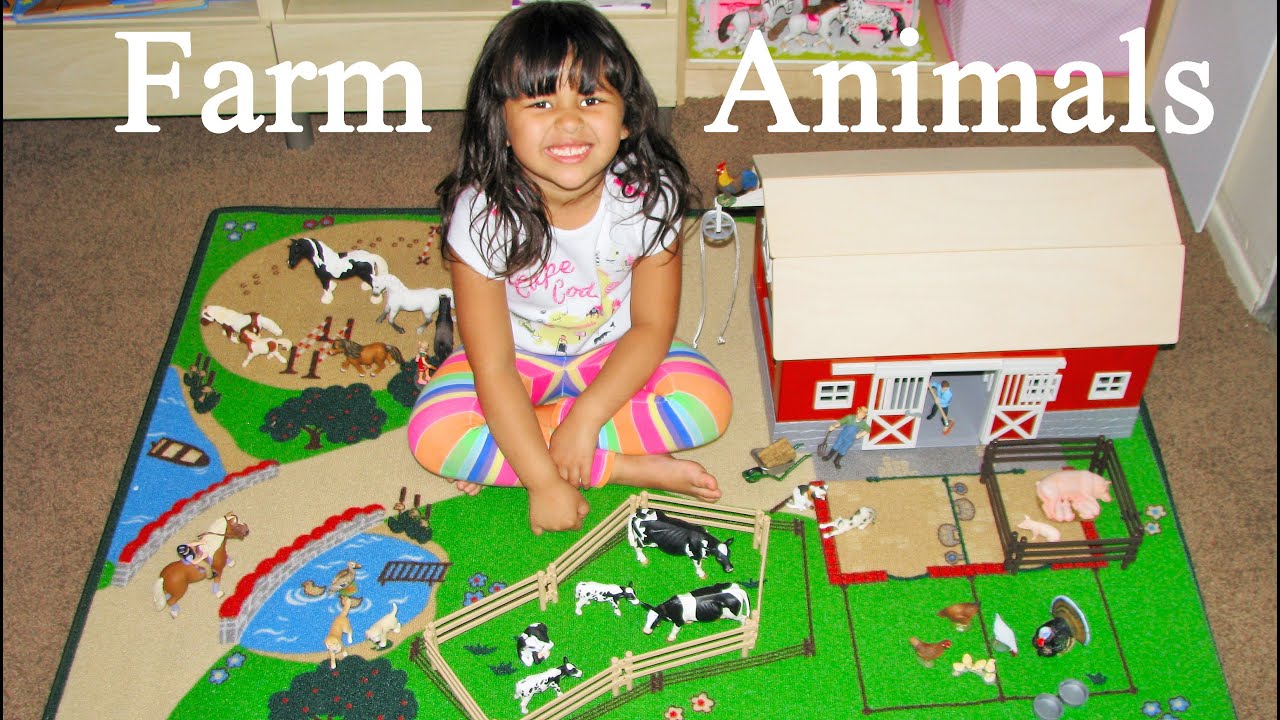 Educational Farm Animals Learn Names and Sounds with Schleich Farm Playmat and Barn