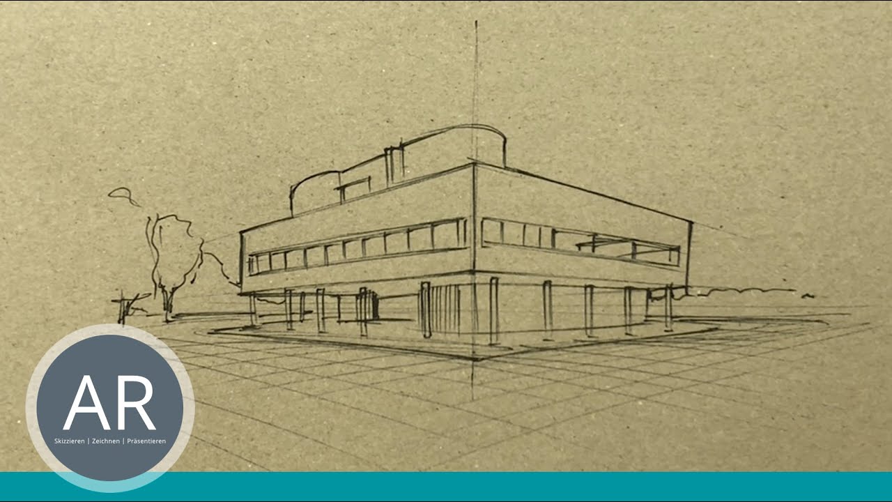 Architektur-Skizze- Gebäude in Zwei-Punkt-Perspektive zeichnen. Beispiel Bewerbungsmappe Architektur