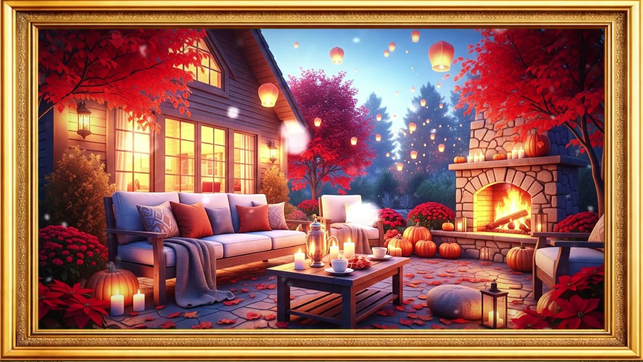 Cozy Autumn Patio with Fireplace & Lanterns  4K Fall Evening Art for TV Frame  Magical Ambiance