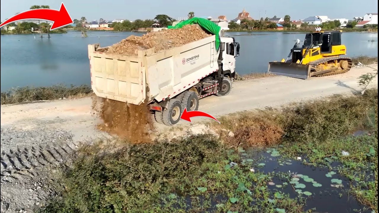 Great full action !! Start Landfill by using dump truck wheel 10 unloading stone & bulldozer pushing