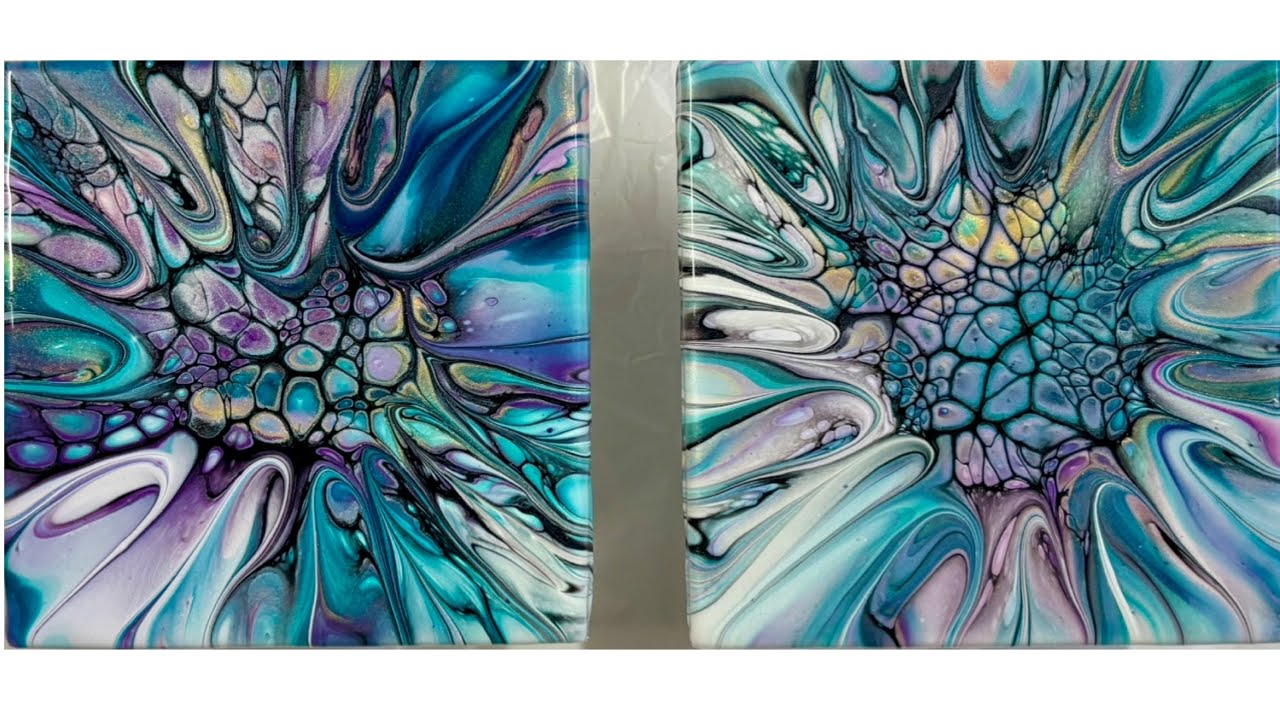 Beautiful Turquoise, Purple, and Gold and Silver Bloom Technique, Acrylic Paint Pouring (1672)
