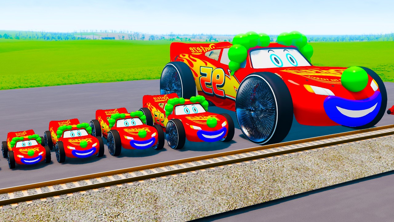 Big & Small Clown McQueen With Monster Wheels VS Train | BeamNG.drive