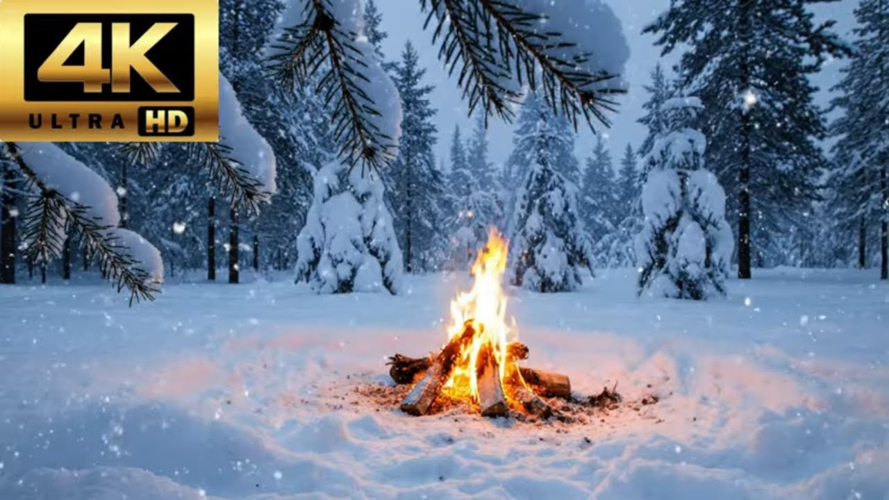 ❄️ Winter Campfire Ambience 4K (1 Hour)– Snowfall & Crackling Fire for Sleep, Study & Meditation 🔥