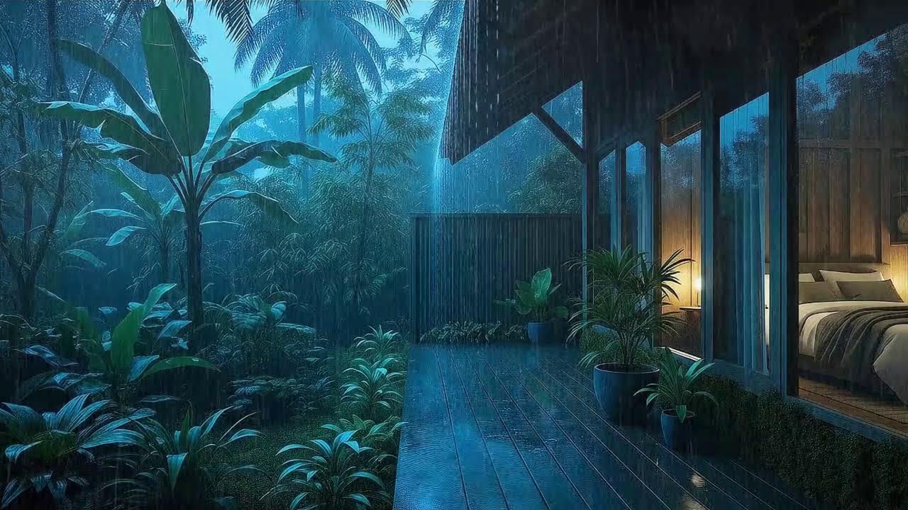 Calming Night Rain To Sleep Peacefully In Jungle Cozy Shelter 🌧️  Experience 12 hours of deep tropic