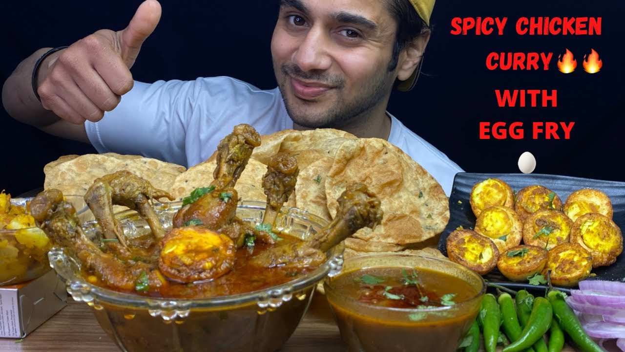 Spicy*Chicken Curry🔥 , Egg Fry , Aloo ka Bharta  With Lots of Luchi / Puri  | Big Bites | Mukbang