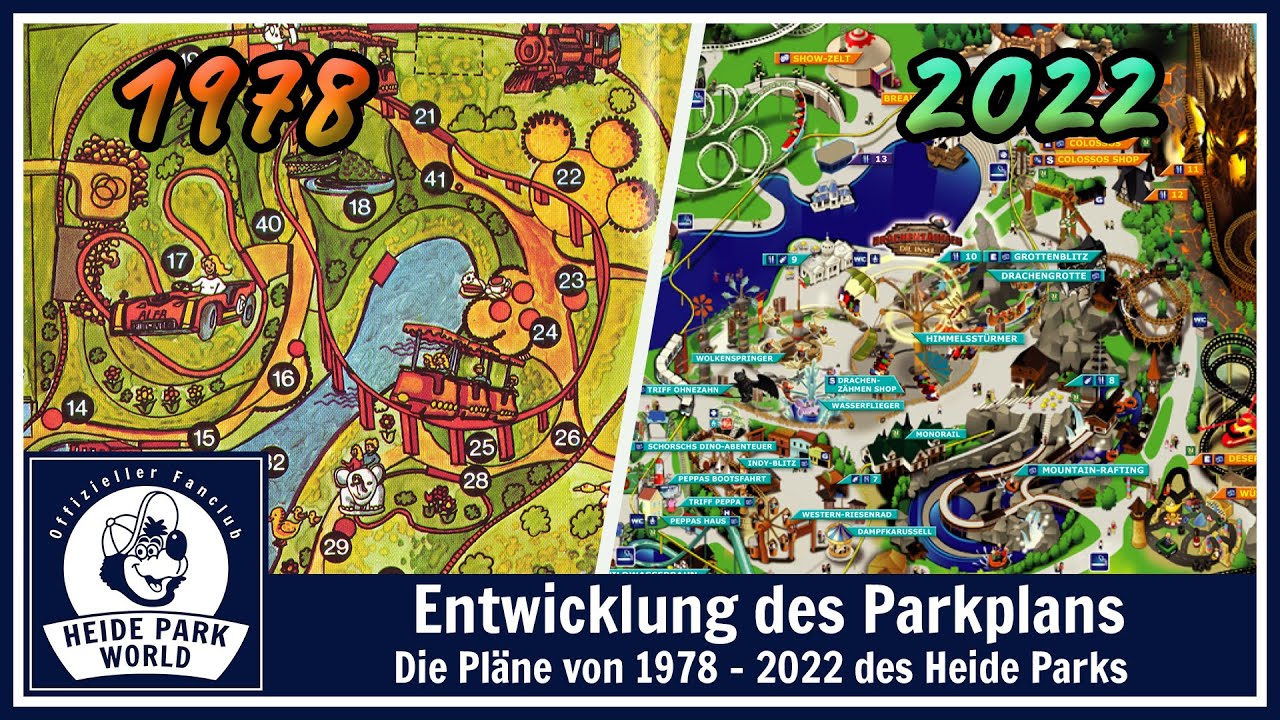Entwicklung des Heide Park Parkplans von 1978 bis 2022 - Evolution of the Parkmap