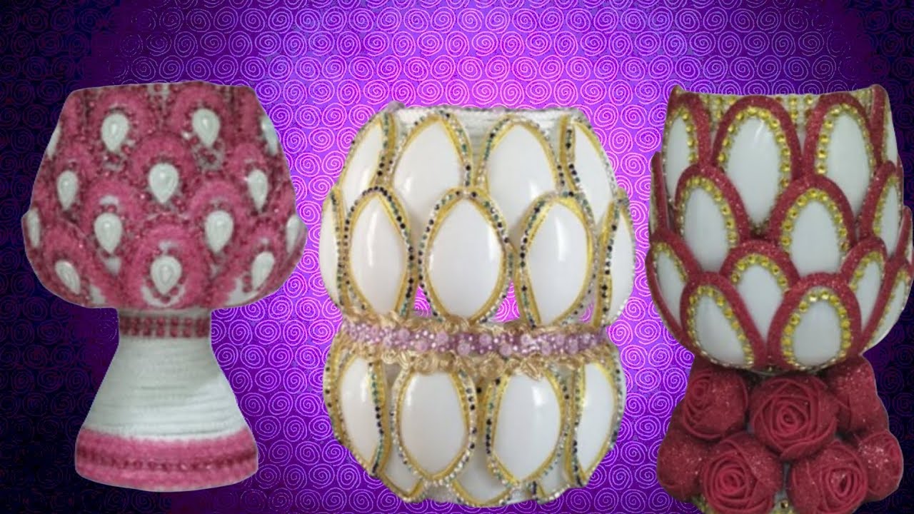 3 unrealistically beautiful vases made from plastic spoons.