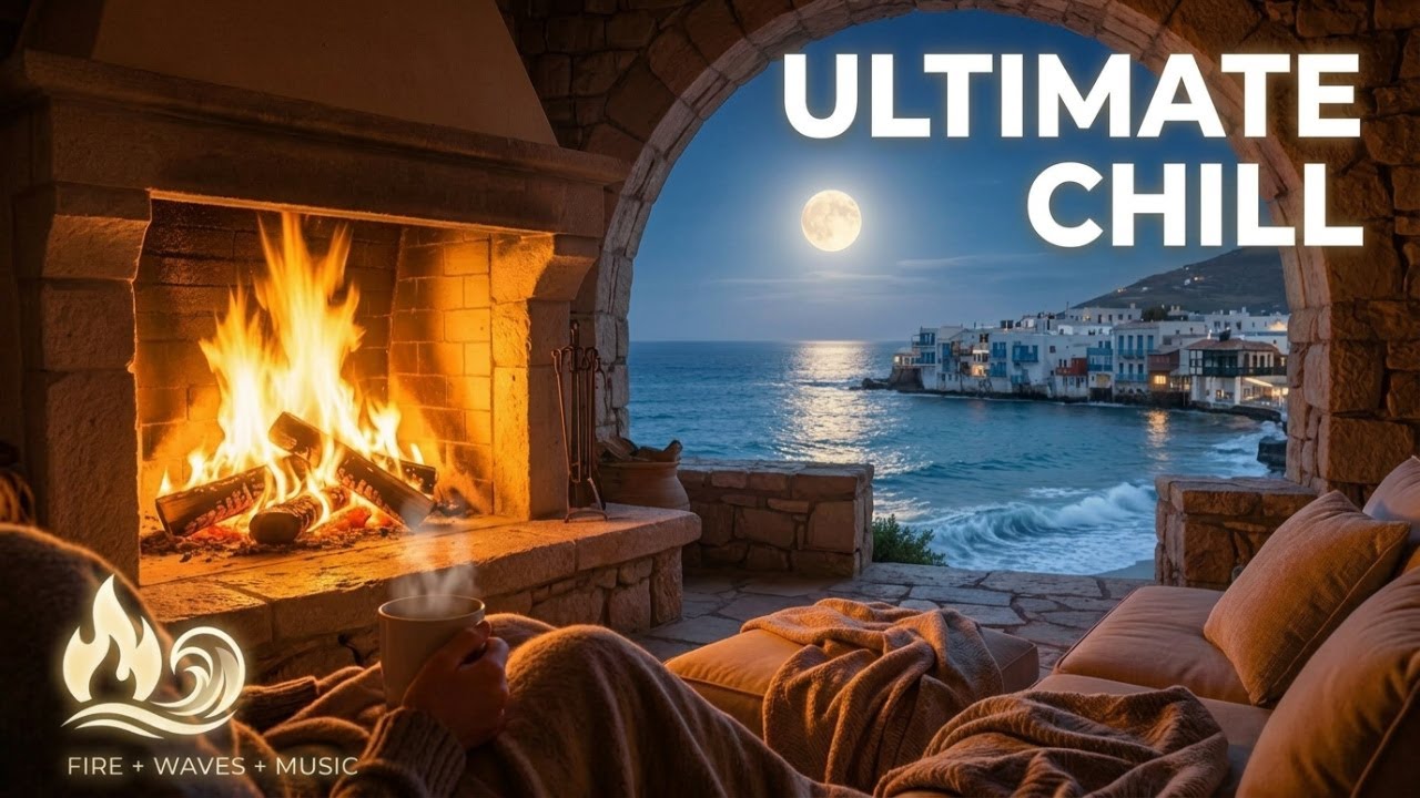 Mediterranean Stone Terrace Fireplace by the Sea with Relaxing Piano