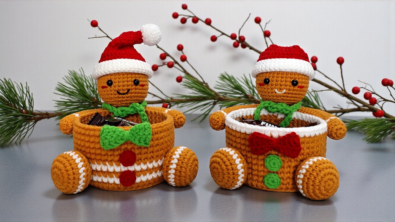 ✩ Crochet Gingerbread Man Gift Basket ✩ The Best Crochet Christmas Decorations Ideas ✩