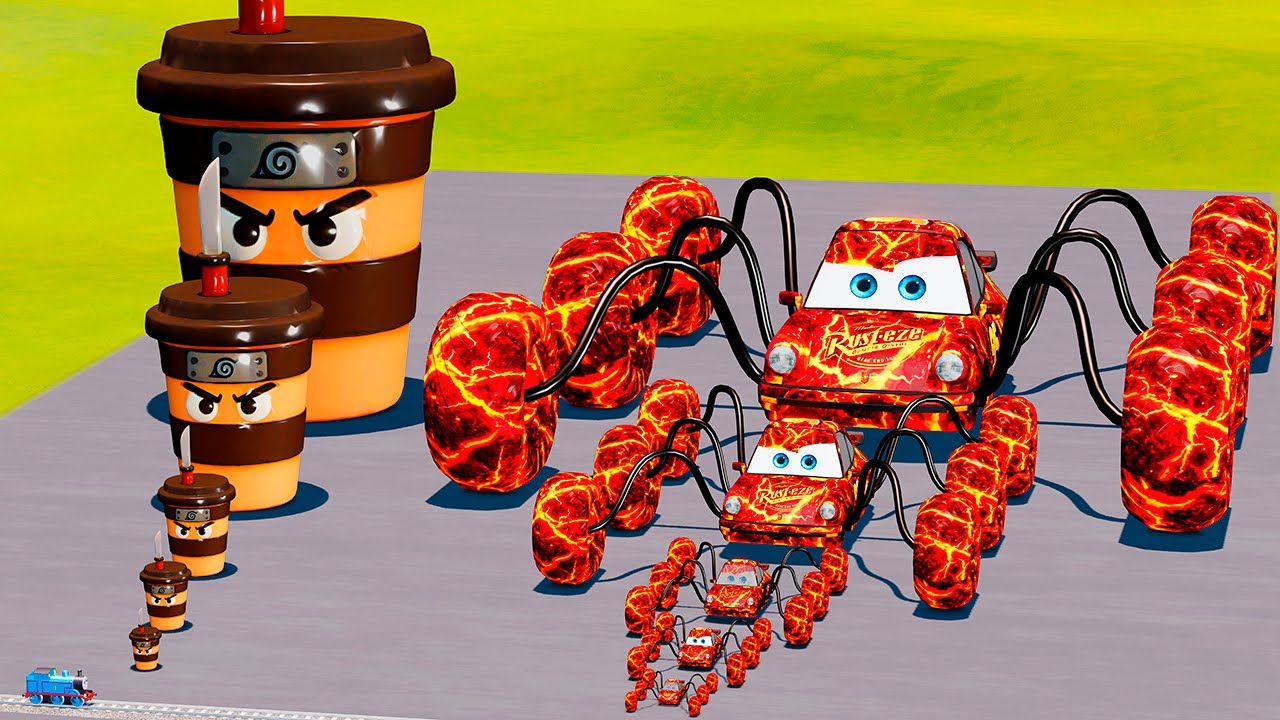 Big & Small Cappuccino Assassino vs Lava Porsche Monster Truck McQueen vs Trains BeamNG.drive