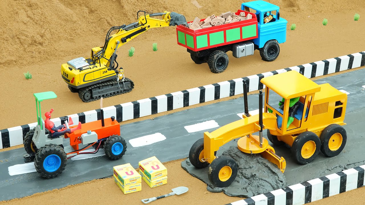 Brick Truck Rescue by DIY Tractor | Road Roller Science Project in Action Builds Concrete Road