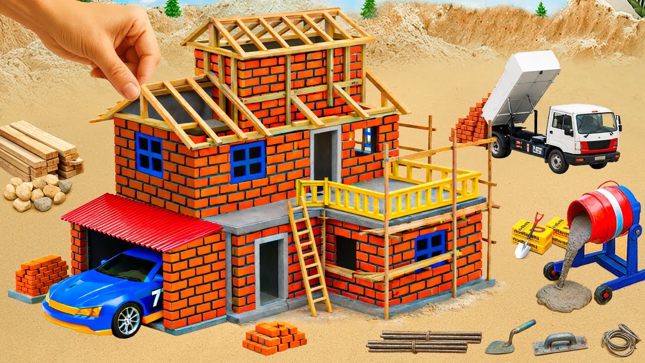 DIY Mini Tractor Builds a Strong Two-Story Brick and Cement House After the Fire | Science Project