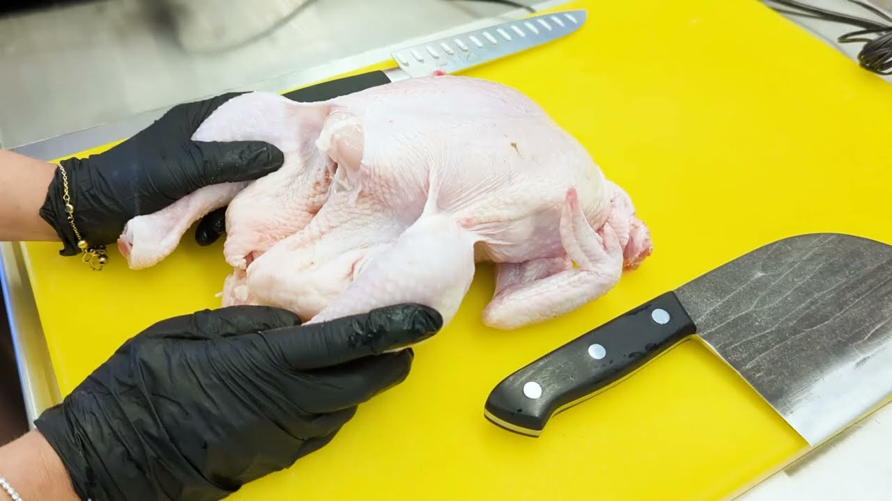 Cutting a whole chicken using Serbian and Santoku knives