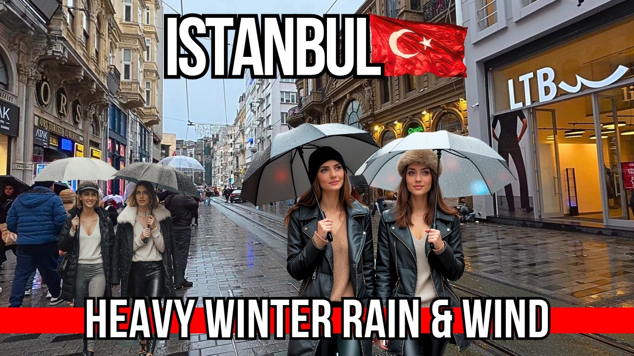 Istanbul Winter Rainy Windy City Life 4K Walk: Taksim Square & Istiklal | Street Food & Shops 2026