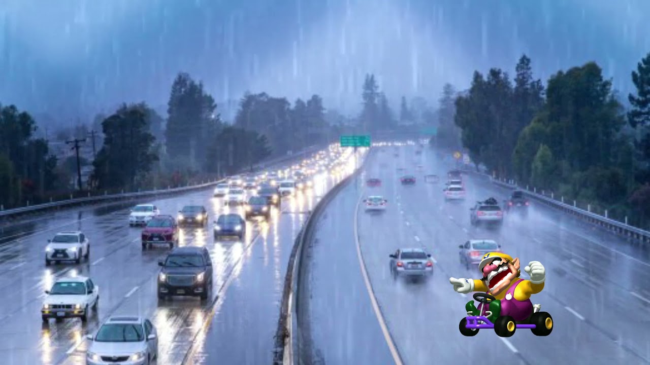 Wario dies after accidentally pulling onto the wrong side of the interstate on a rainy day.