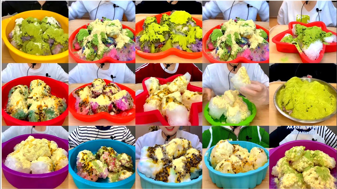 YY MINI ICE CHUNKS EATING WITH PASSION FRUIT, MATCHA, MILK POWDER TOPPING ASMR COLLECTION