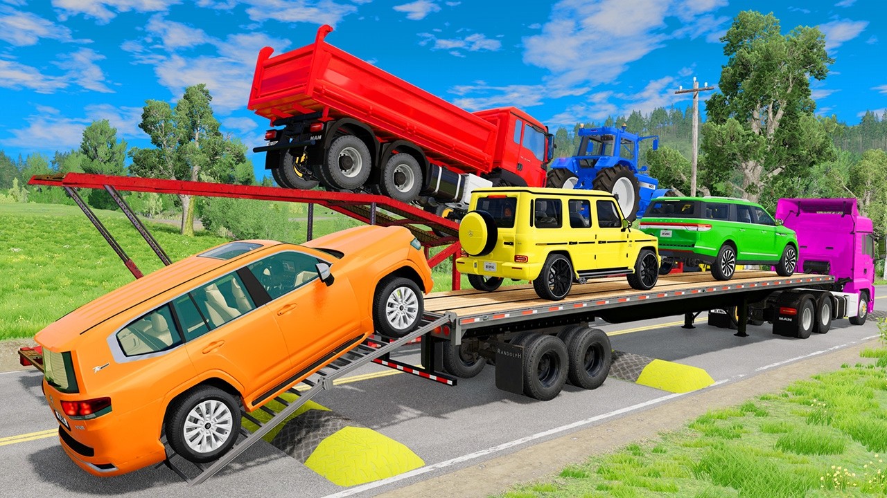 Flatbed Trailer McQueen Transportation with Truck - Speedbumps vs Cars vs Train #49 - BeamNG.Drive