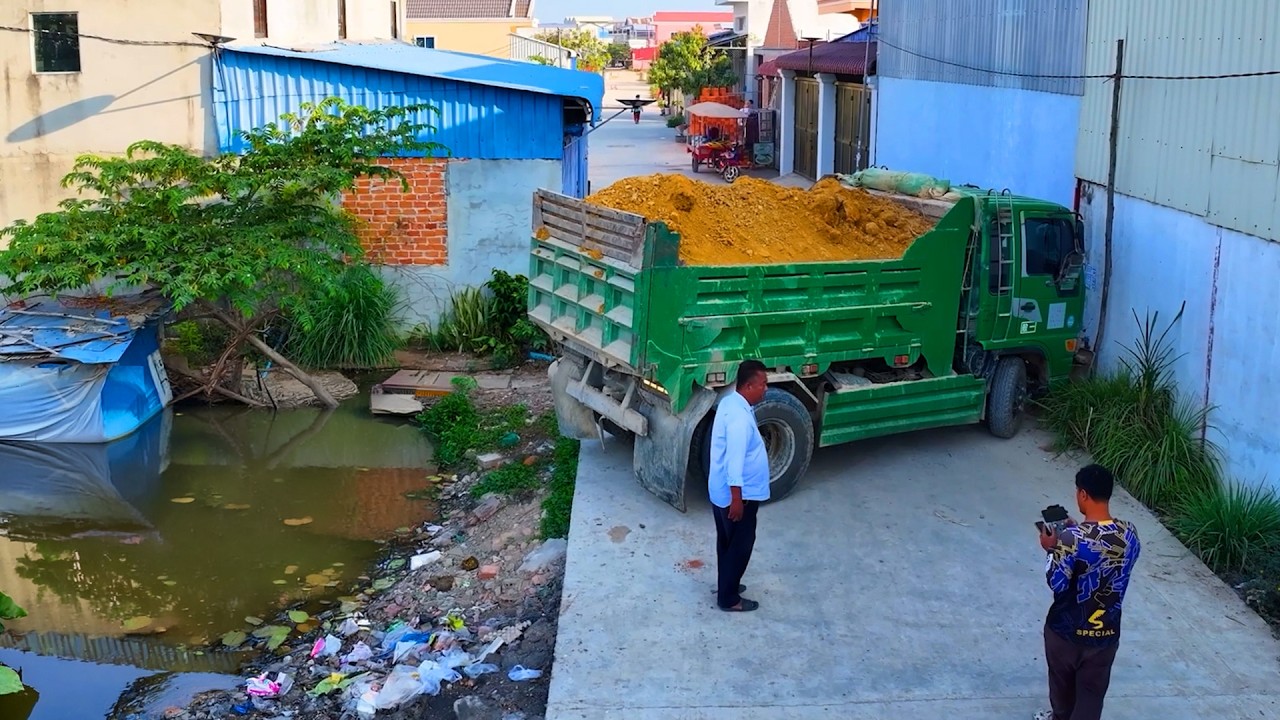 incredible nice project landfill build factory , truck transport soil , bulldozer skill push soil