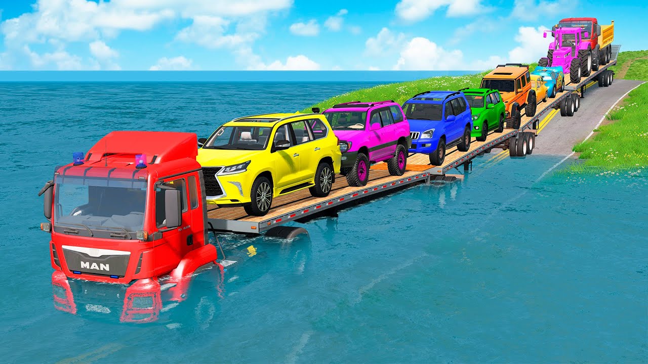 Triple Flatbed Trailer McQueen Transportation with Truck - Speedbumps vs 7Cars vs Train - BeamNG #7