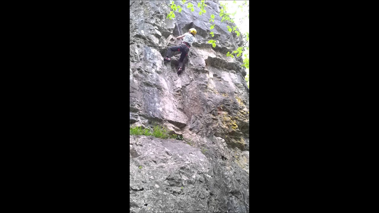 Max climbing his first HVS at Goblin Combe
