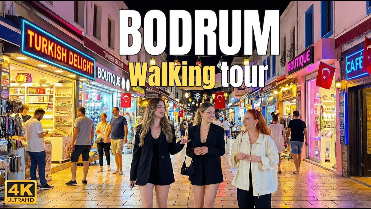 Nocna wycieczka piesza po Bodrum, Turcja &ndash; ulice, wybrzeże i wieczorna atmosfera w jakości 4K