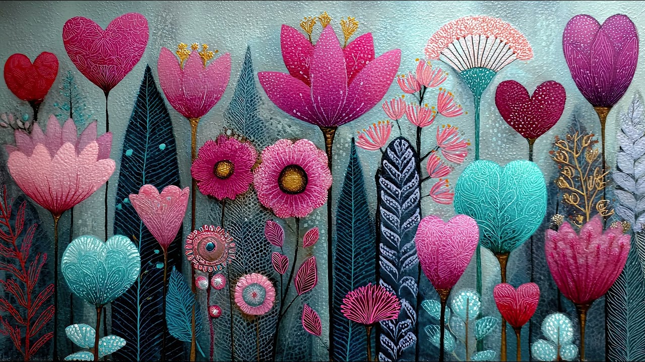 Romantic hearts and flowers - pastel blue and pink. 1 hour 4K TV Wall Art screensaver.