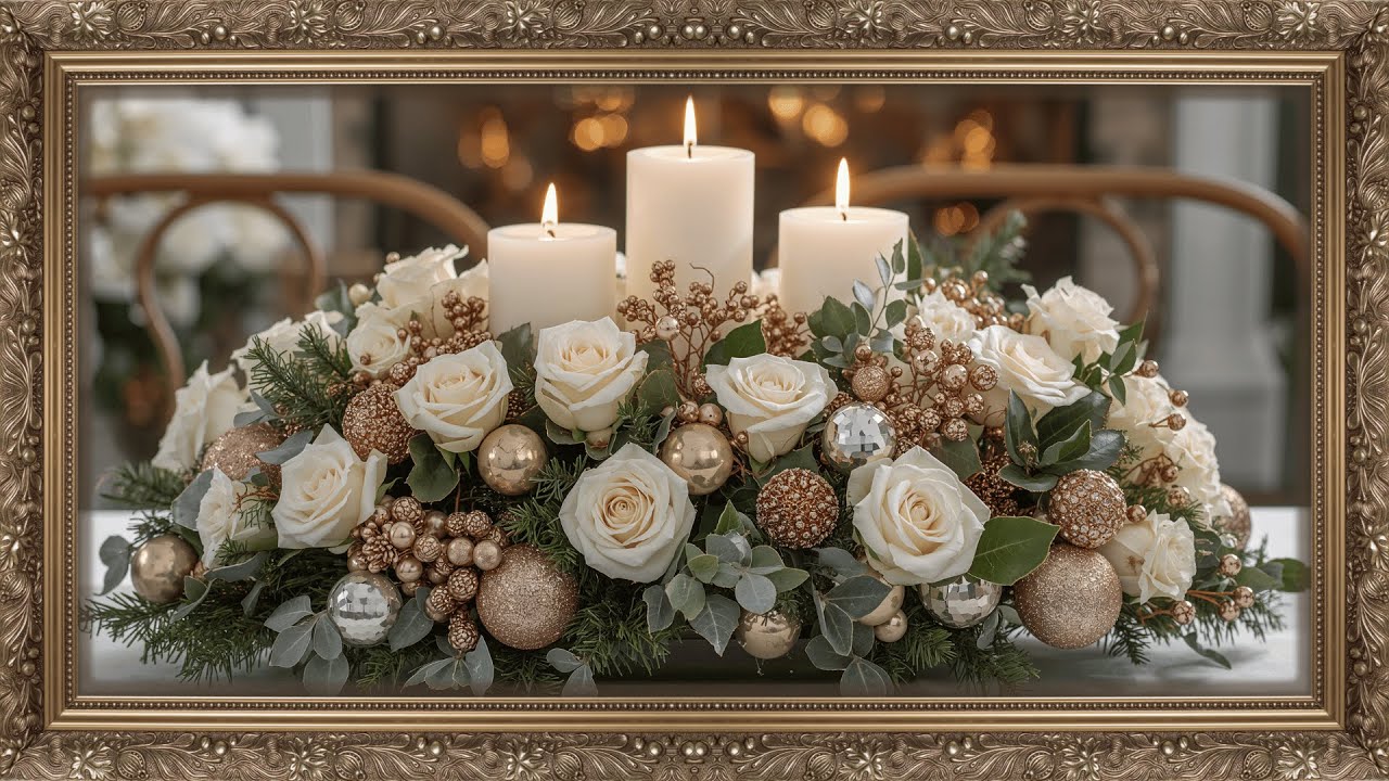 8-Hour Elegant Holiday Centerpiece — White Roses, Gold Accents & Candlelight | 4K UHD TV Art