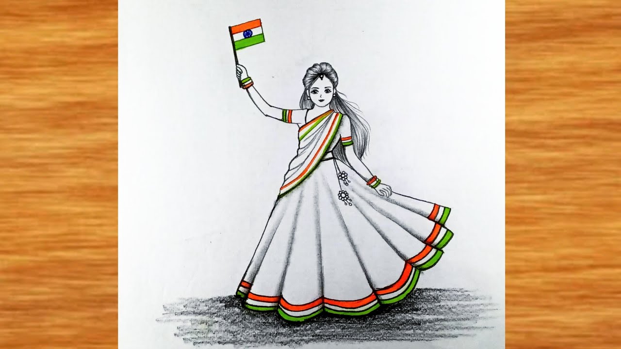Happy Republic Day Drawing || Girl holding flag drawing, || Pencil Drawing Easy for Republic day 