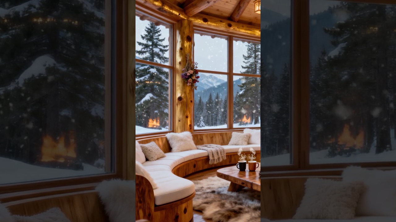 Luxury Two-Level Log Living Room ❄️ | Cozy Winter Fireplace & Snowy Ambience