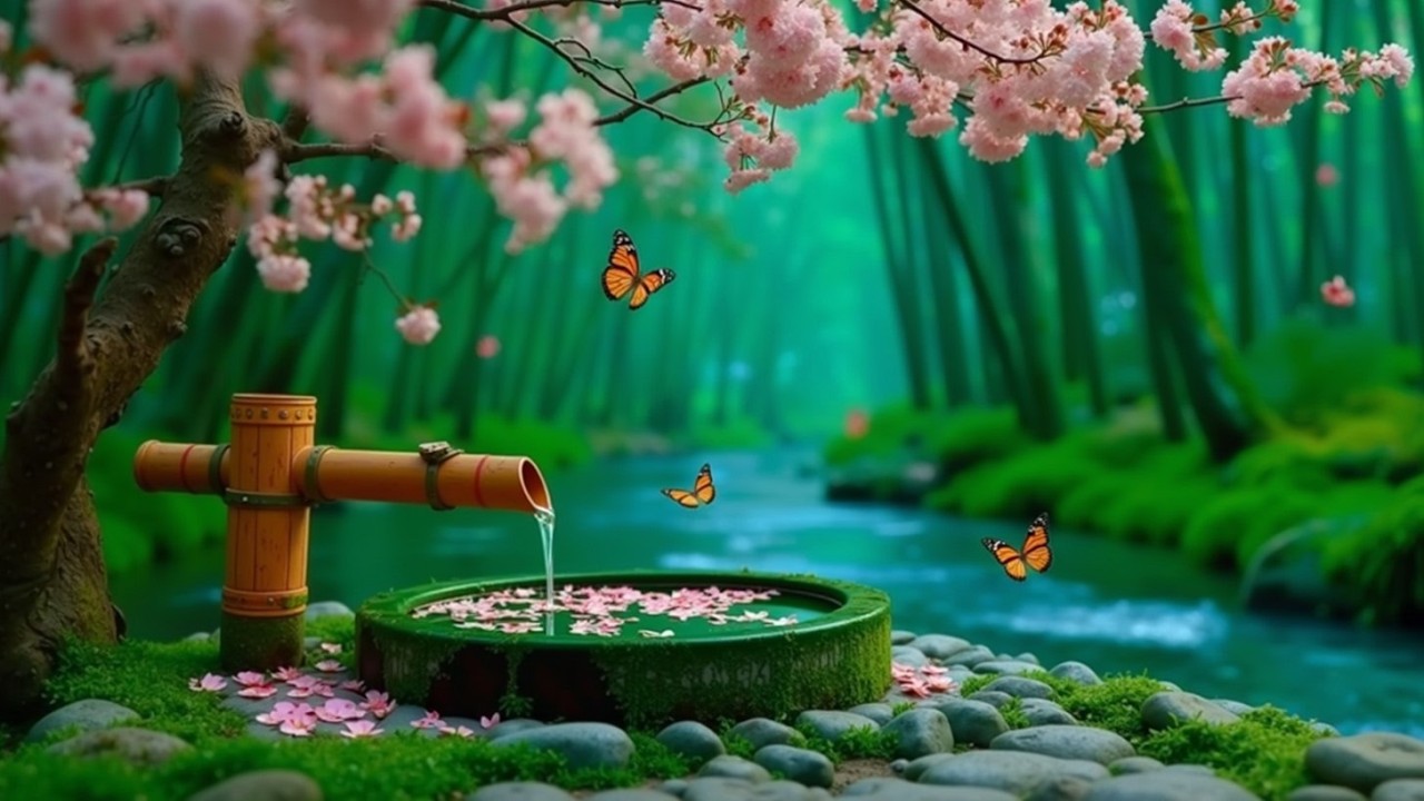 Окружающее дзен-пианино с течением воды