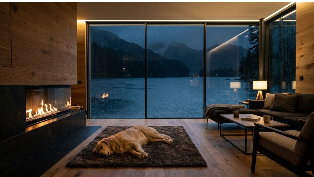 Steady Night Rain at a Secluded Lakeside Villa (3 Hours)|Cozy Fireplace & Sleeping Golden Retriever