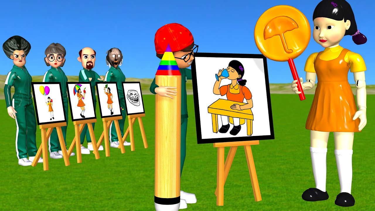 Scary Teacher 3D vs Squid Game Drawing Squid Girl Style Umbrella HoneyComb Candy 5 Times Challenge