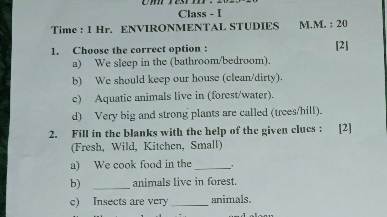 Class 1st Evs 3rd Unit Test Real Question Paper 2025/ EVs Question Answer 