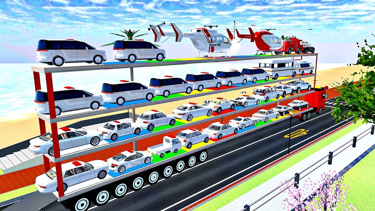  OVERSIZED CARS TRANSPORT WITH FOUR LEVEL RAINBOW FLATBED TRAILER TRUCK - POLICE CARS - Sakura 🌈🚓🚓🚓🚓
