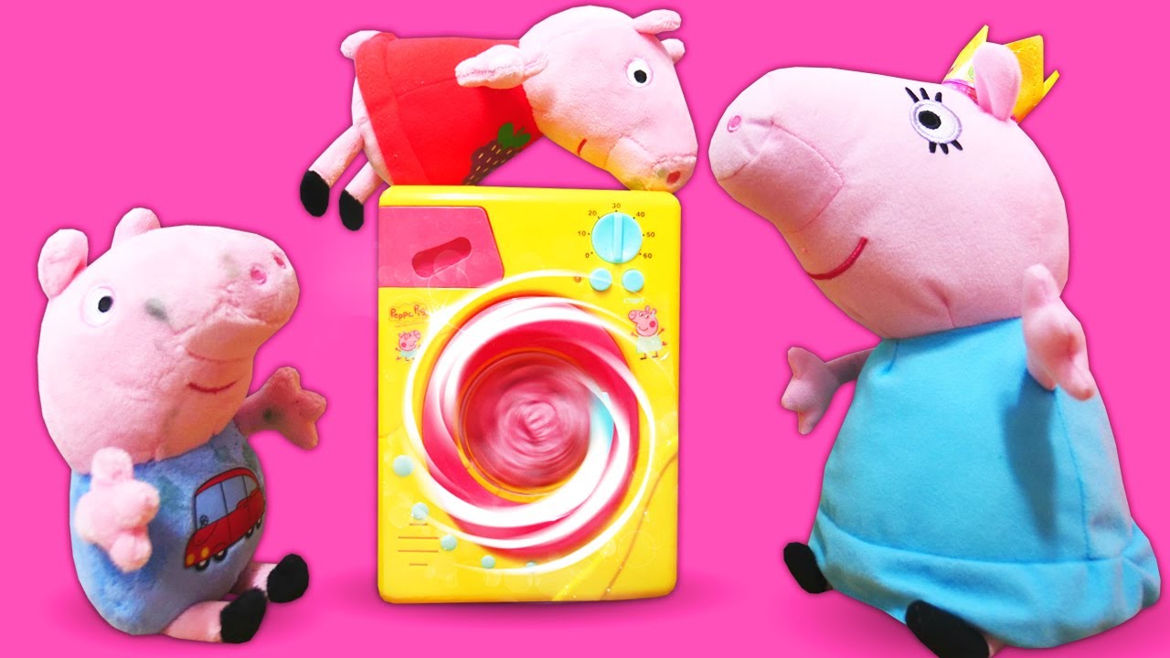 Çocuklar için Peppa Pig oyuncak ailesi ile çocuk oyunları. Yeni çamaşır makinesi.