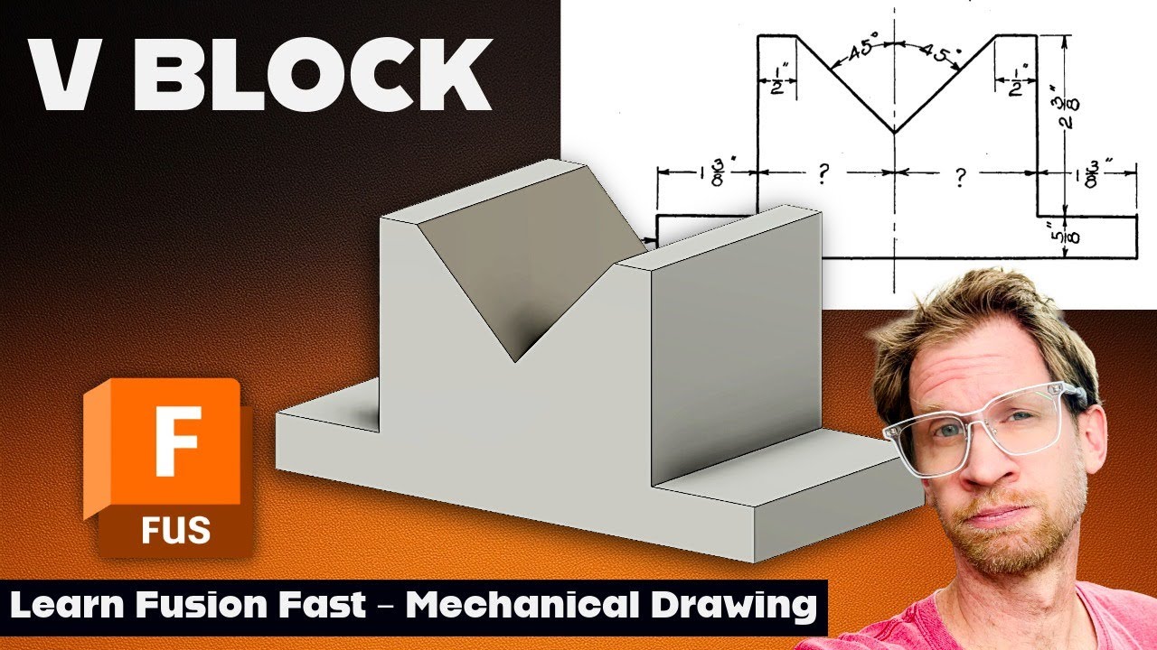 Учебное пособие по Autodesk Fusion V-Block: эскиз, размер, выдавливание, зеркальное отображение (...