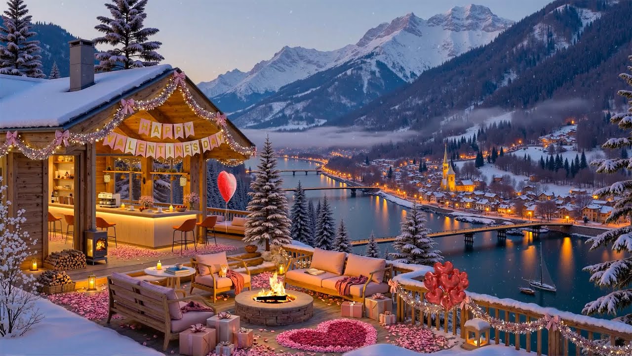 Cozy Valentine’s Ambience at a Snowy Café Terrace ❄️ Jazz Playlist by the Fireplace for Work & Relax