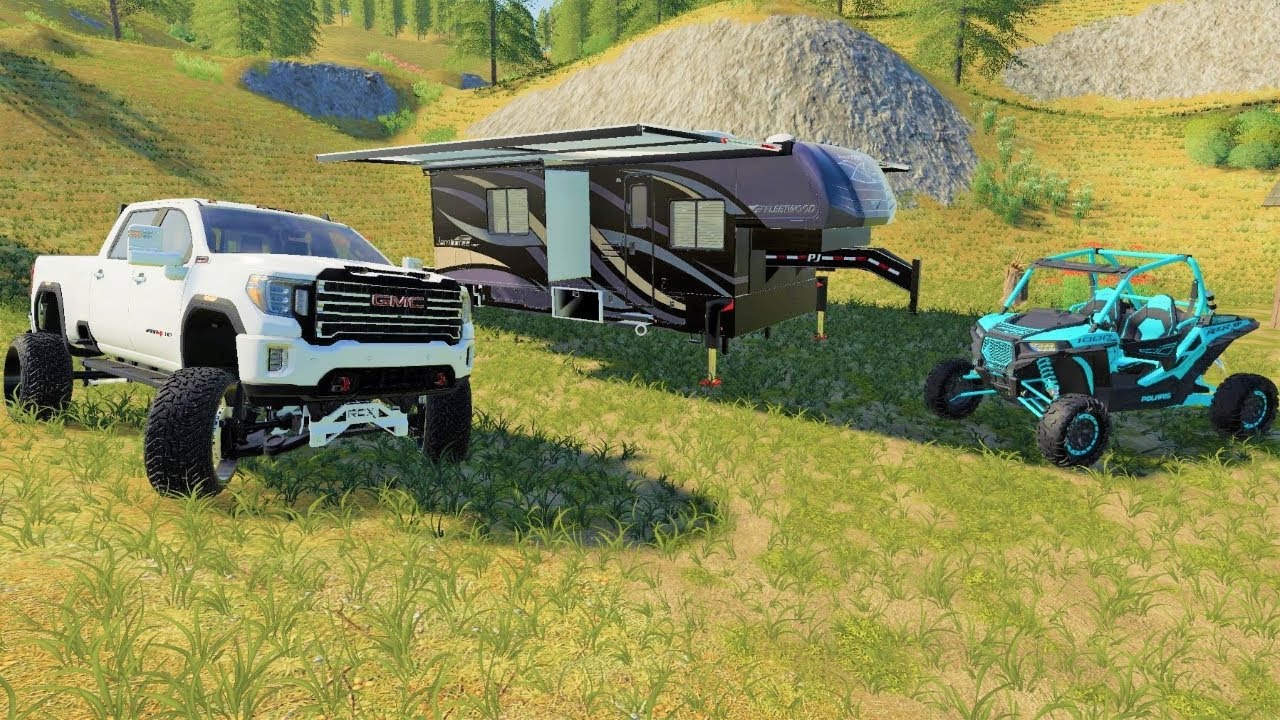 We go camping and mudding in the mountains with our new GMC and Polaris RZR | Farming Simulator 19
