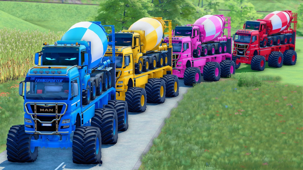 DOUBLE FLATBED TRUCK LONG CONVOY TRANSPORT OF COLORS! ALL  MIXER TRUCK, MAN, SCANIA, MERCEDES - FS25