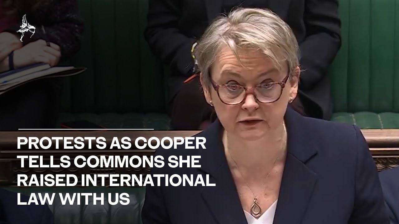 Protests at Downing Street as Cooper tells Commons she raised international law with US