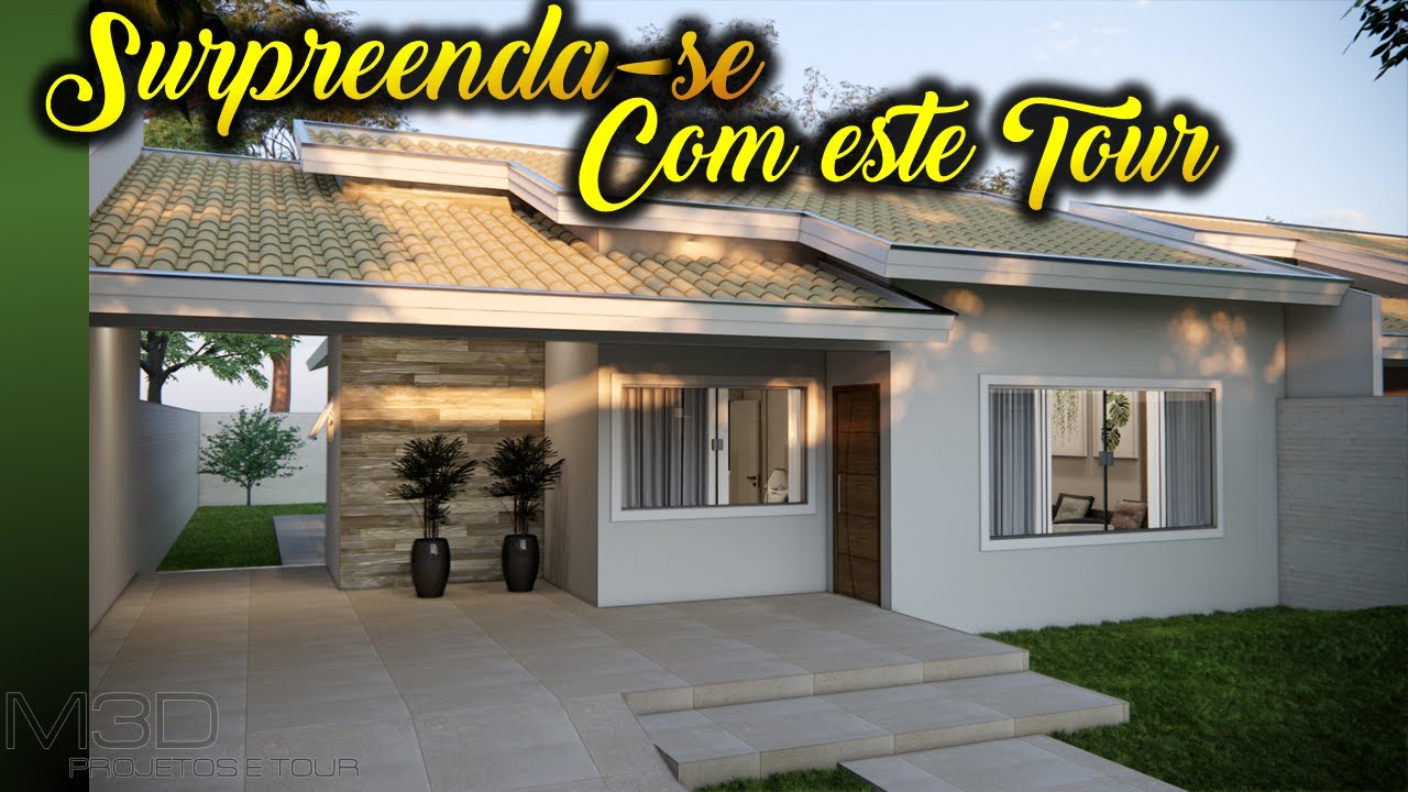 fachada de casa com telhado meia água, com 3 quartos, projeto simples para construir em 2022
