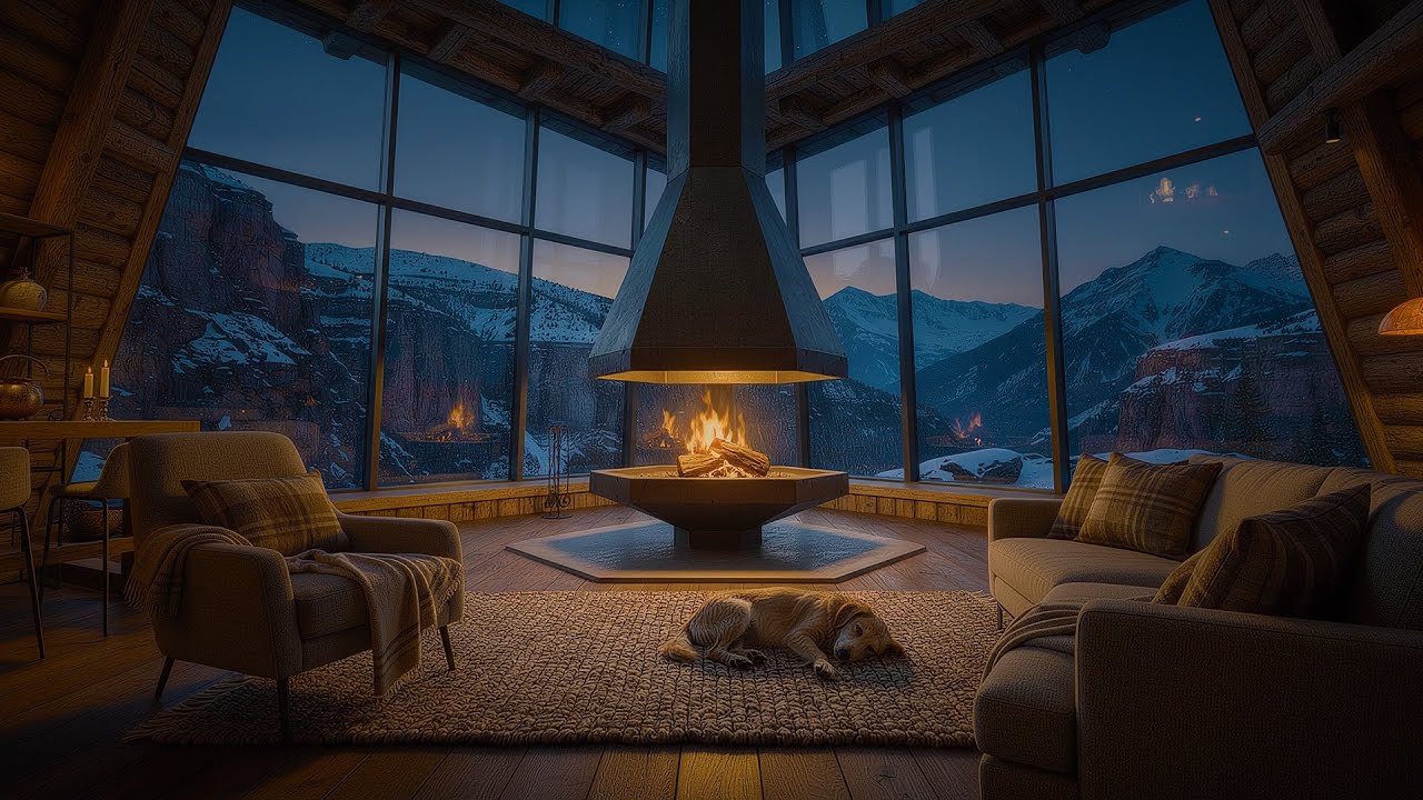 Luxury Mountain Fireplace at Night | Calm Snowy Canyon Ambience for 12 Hours