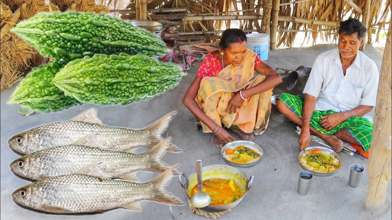 BATA FISH CURRY with KARELA cooking & eating by santali tribe grandmaa